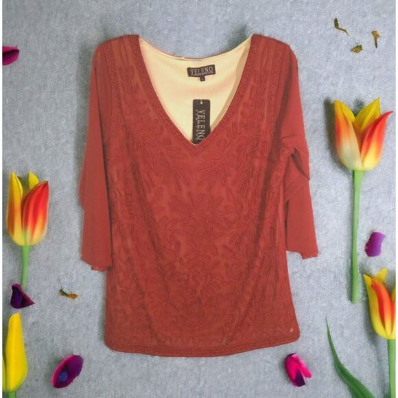 VELENO New York Burgundy Embroidered Sheer Blouse L 3/4 Sleeve Deadstock NWT - Picture 1 of 7